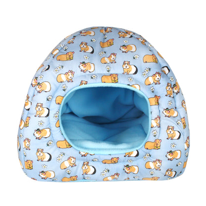 Blue Guinea Pig Pattern Hidey Hut, front view empty