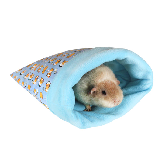Blue Guinea Pig Pattern Cuddle Sack, guinea pig inside the snuggle sack for guinea pigs