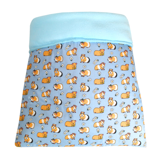Blue Guinea Pig Pattern Cuddle Sack, top view of the best accessories for guinea pigs cuddle sack