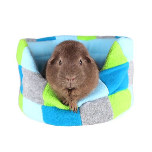 Blue and Green Patchwork Guinea Pig Bed, Front view with Guinea Pig
