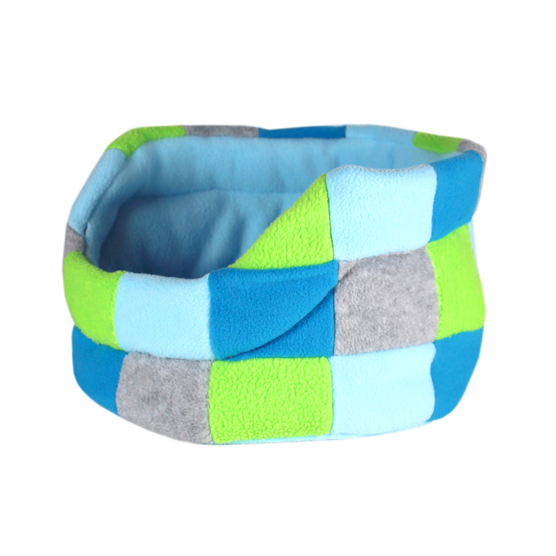 Blue and Green Patchwork Guinea Pig Bed, side view no guinea pig