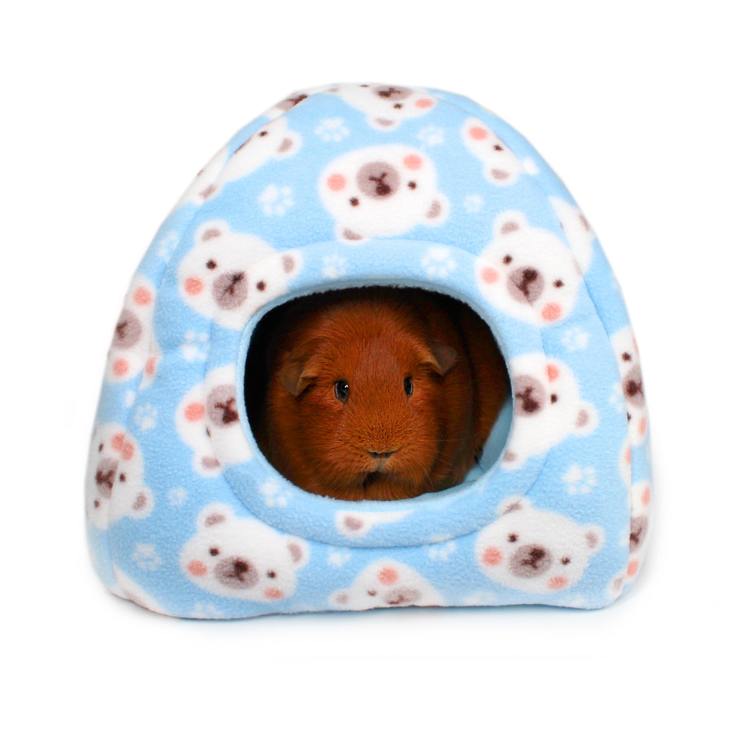 Small animal house with a guinea pig peeking out, featuring a pattern of white animals on a blue background.