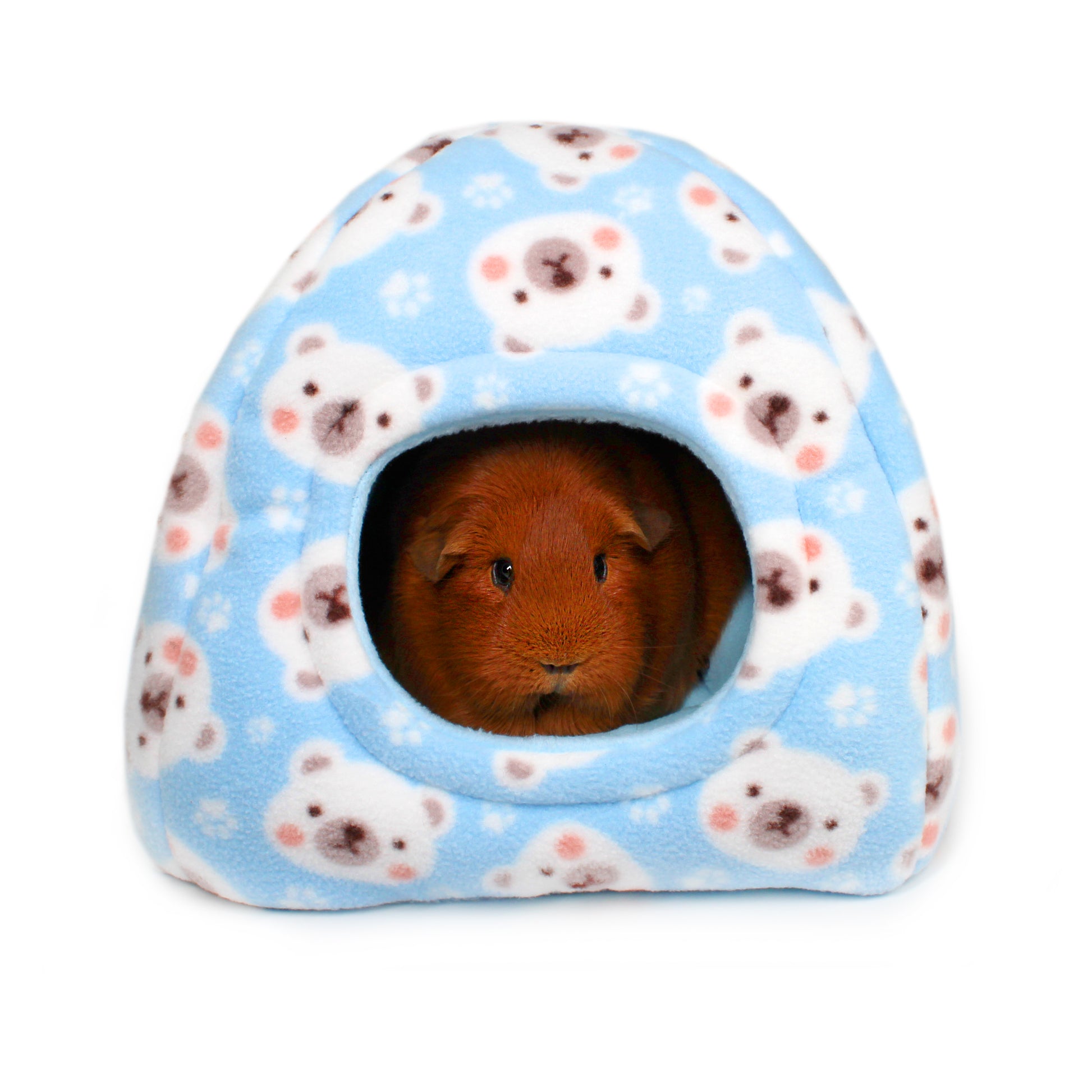 Small animal house with a guinea pig peeking out, featuring a pattern of white animals on a blue background.