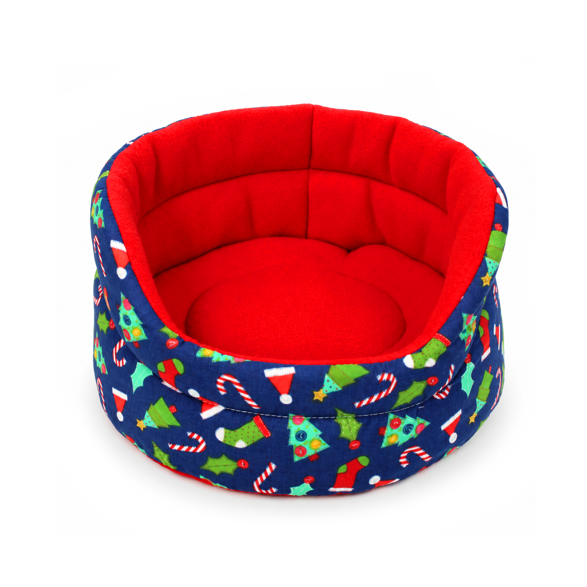 Front view of a handmade blue Christmas cuddle cup bed for guinea pigs decorated with Christmas trees, stockings, candy canes and holly