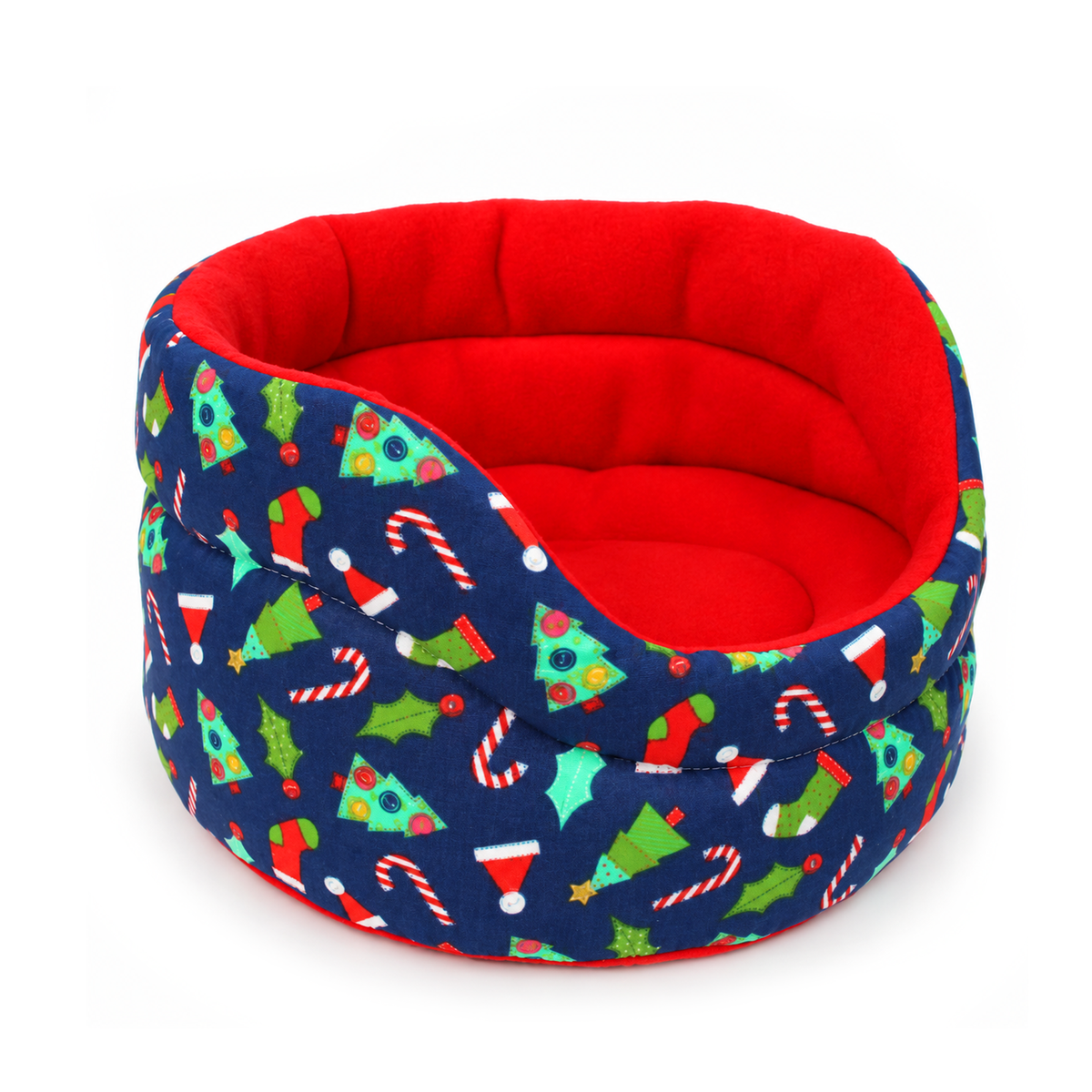 Angled view of a blue cotton Christmas cuddle cup for guinea pigs with a colourful festive novelty print and matching red fleece interior