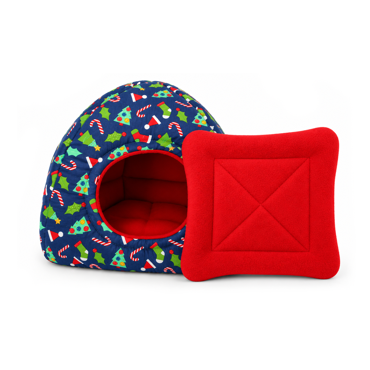 Blue Christmas guinea pig hidey house with a festive cotton outer, red fleece interior and matching removable absorbent pee pad