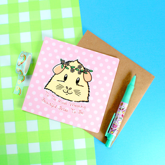 Guinea Pig Bridal Shower Card, top view with pink polka dot background