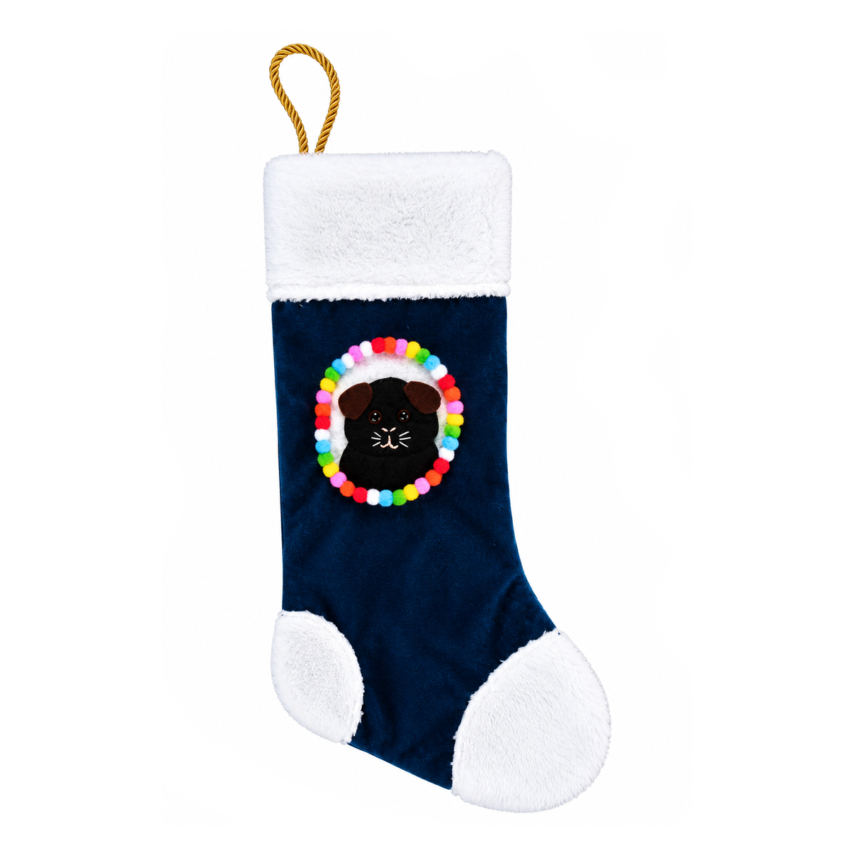 Black guinea pig Christmas stocking with brown felt ears, colourful pom-pom border, white fleece trim and gold rope hanging loop on navy blue velvet.