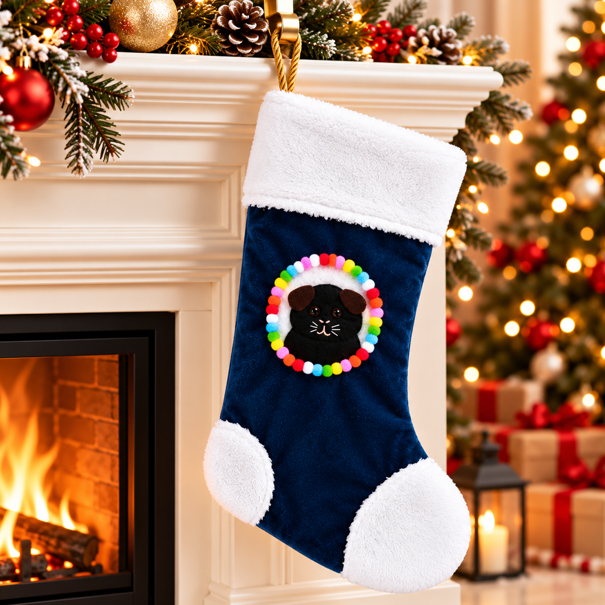Handmade black guinea pig Christmas stocking with brown ears hanging beside a festive fireplace, featuring a colourful pom-pom border, soft white fleece trim and gold rope hanging loop.