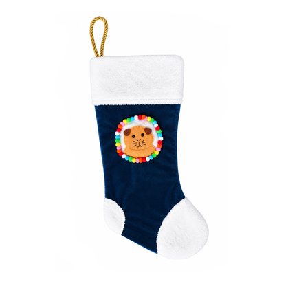 Handmade orange guinea pig Christmas stocking with brown ears, navy blue recycled velvet, soft white cuddle fleece trim, felt guinea pig decoration, colourful pom-poms and gold rope hanging loop.