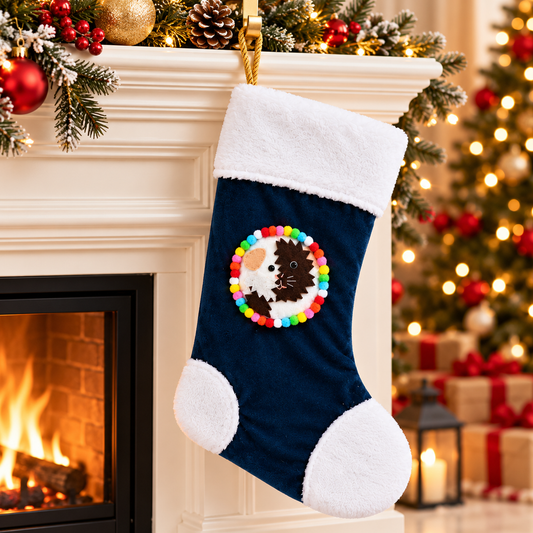 Brown and white Abyssinian guinea pig Christmas stocking hanging beside a decorated Christmas fireplace, featuring a spiky felt guinea pig character, navy blue velvet, fluffy white trim, colourful pom-poms and gold rope hanging loop.