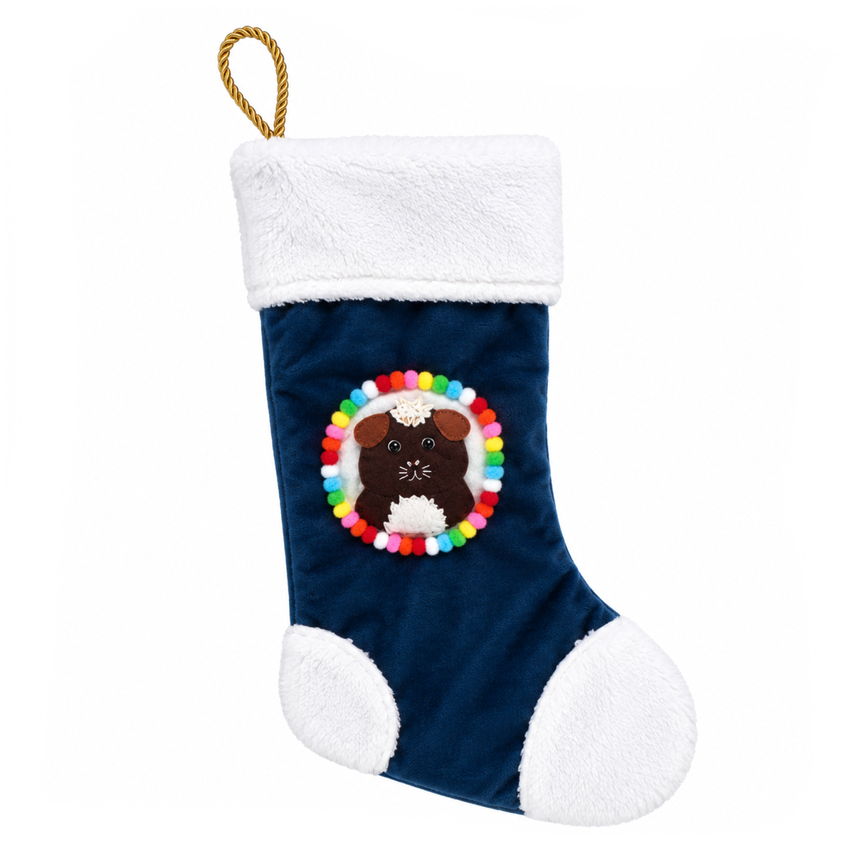 Handmade brown and white crested guinea pig Christmas stocking with navy blue recycled velvet, soft white cuddle fleece trim, colourful pom-poms and gold rope hanging loop.