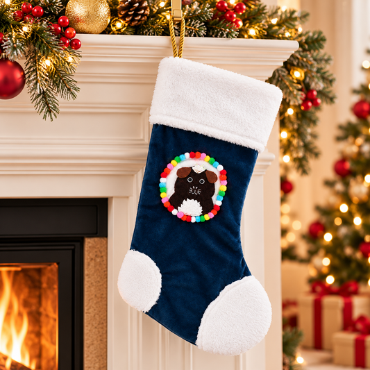 Brown and white crested guinea pig Christmas stocking hanging beside a festive fireplace, featuring a felt guinea pig design, navy blue velvet, fluffy white trim and colourful pom-poms.