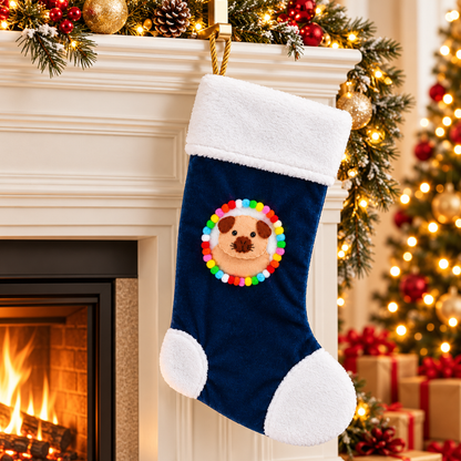 Cream Californian guinea pig Christmas stocking hanging beside a decorated Christmas fireplace, featuring a handmade felt guinea pig with dark markings, navy blue velvet, fluffy white trim, colourful pom-poms and gold rope hanging loop.