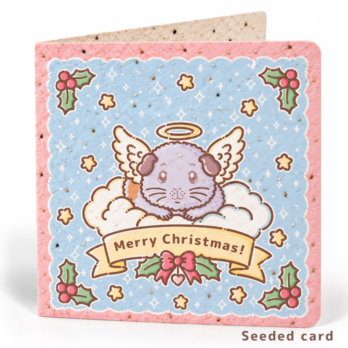 Seeded Christmas guinea pig card featuring Teacup as an angel sitting on a cloud