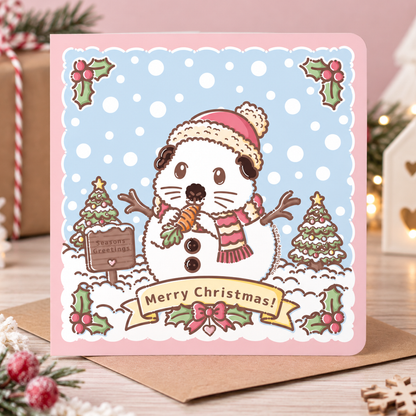 Christmas guinea pig card featuring Swiss Roll as a snowman with a carrot and Christmas trees