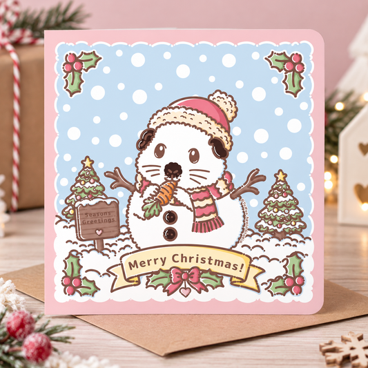 Christmas guinea pig card featuring Swiss Roll as a snowman with a carrot and Christmas trees
