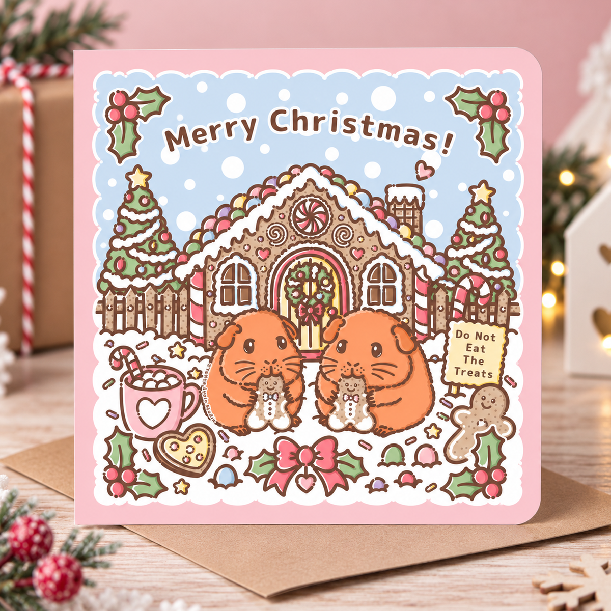 Christmas guinea pig card featuring Jaffa Orange and Gingercake enjoying festive gingerbread treats outside a gingerbread house