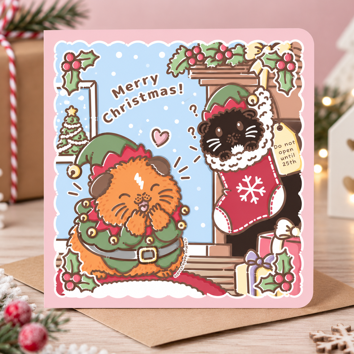 Christmas guinea pig card featuring Toffee Apple dressed as Santa and Blackjack peeking out of a Christmas stocking