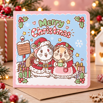 Christmas guinea pig card featuring Mr Whippy and Halloumi dressed as Mr and Mrs Claus with festive presents