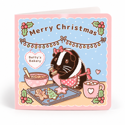 Christmas guinea pig card featuring Betty Crocker baking festive gingerbread biscuits in a Christmas kitchen