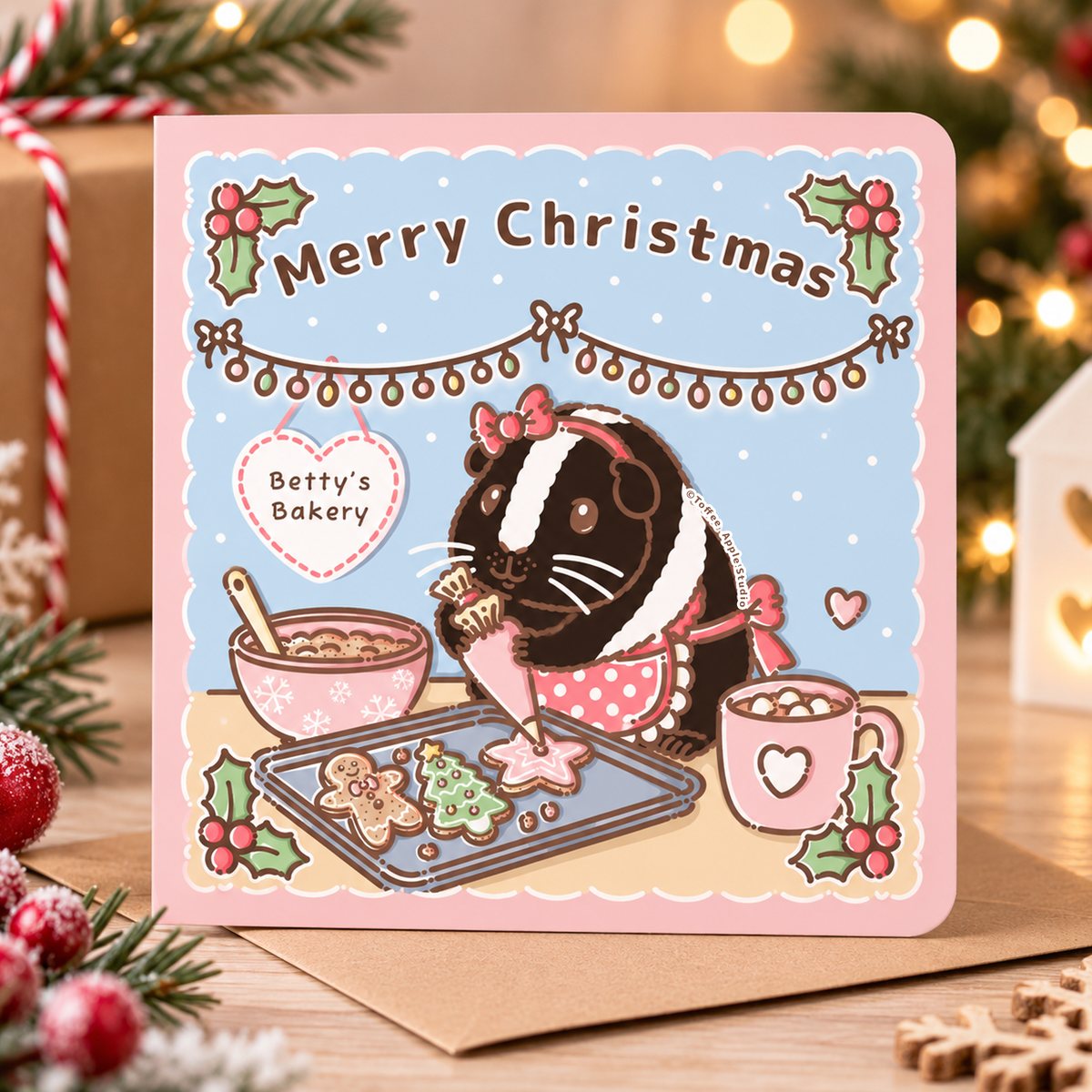 Christmas guinea pig card featuring Betty Crocker baking festive gingerbread biscuits in a Christmas kitchen