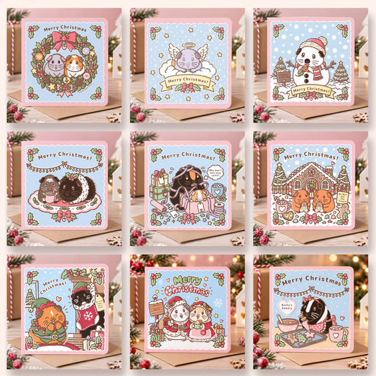 Set of 9 illustrated Christmas guinea pig cards featuring festive designs of the Toffee Apple Pets guinea pigs