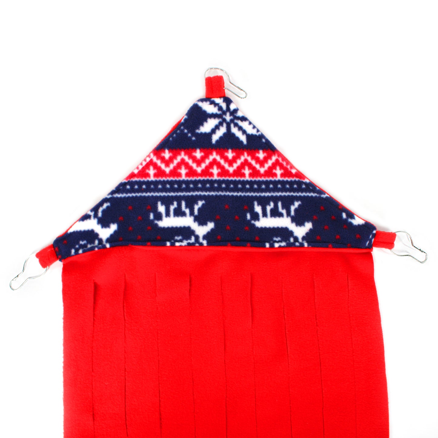 Red apron with a patterned hood on a white background