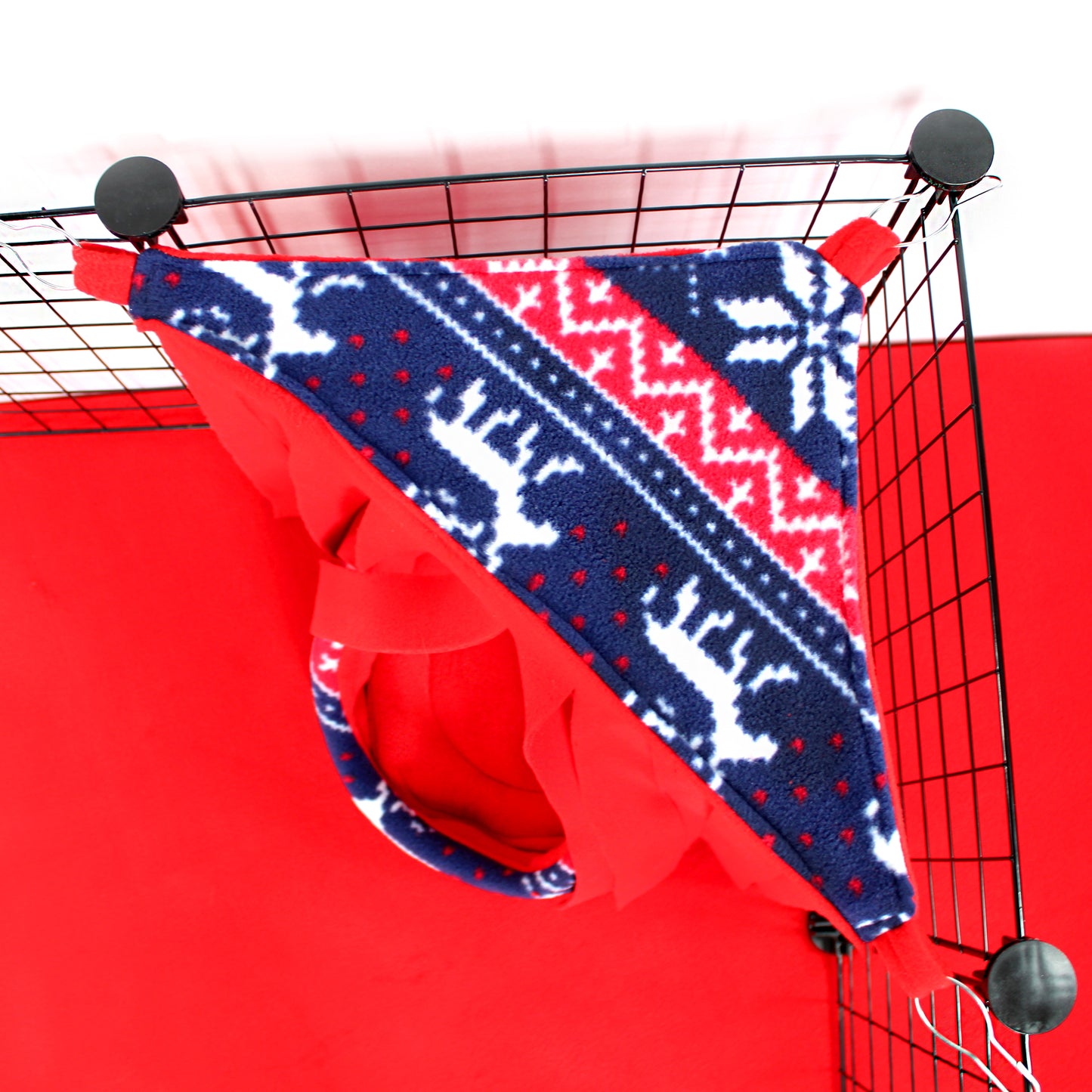 Blue and white patterned dog muzzle on a red background