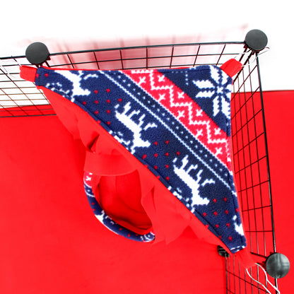 Blue and white patterned dog muzzle on a red background