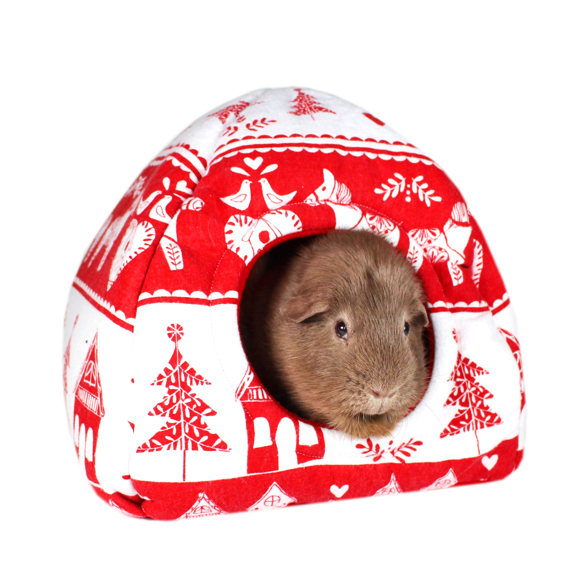 Red & White Christmas Pattern Hidey House, front view with guinea pig