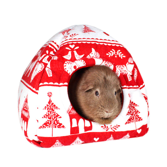 Red & White Christmas Pattern Hidey House, front view with guinea pig
