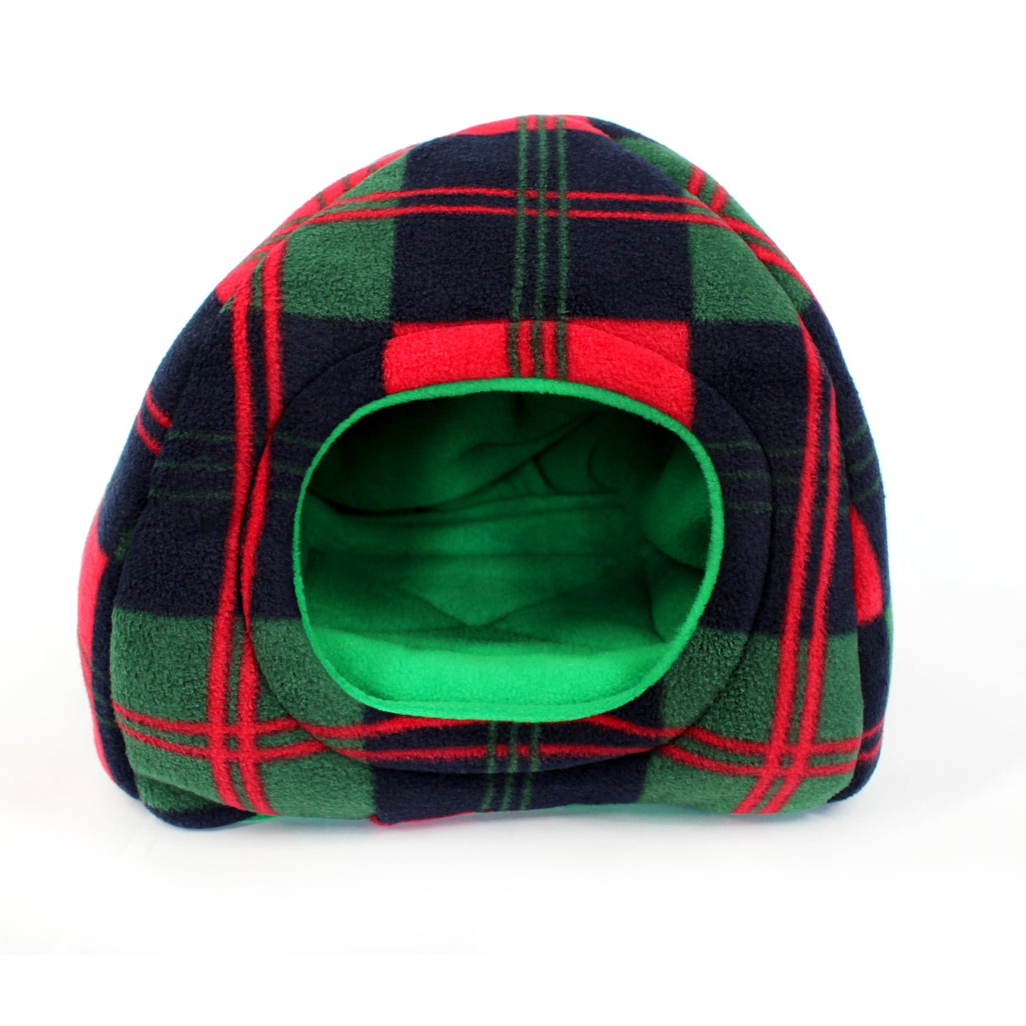 Plaid pet bed with green interior on a white background