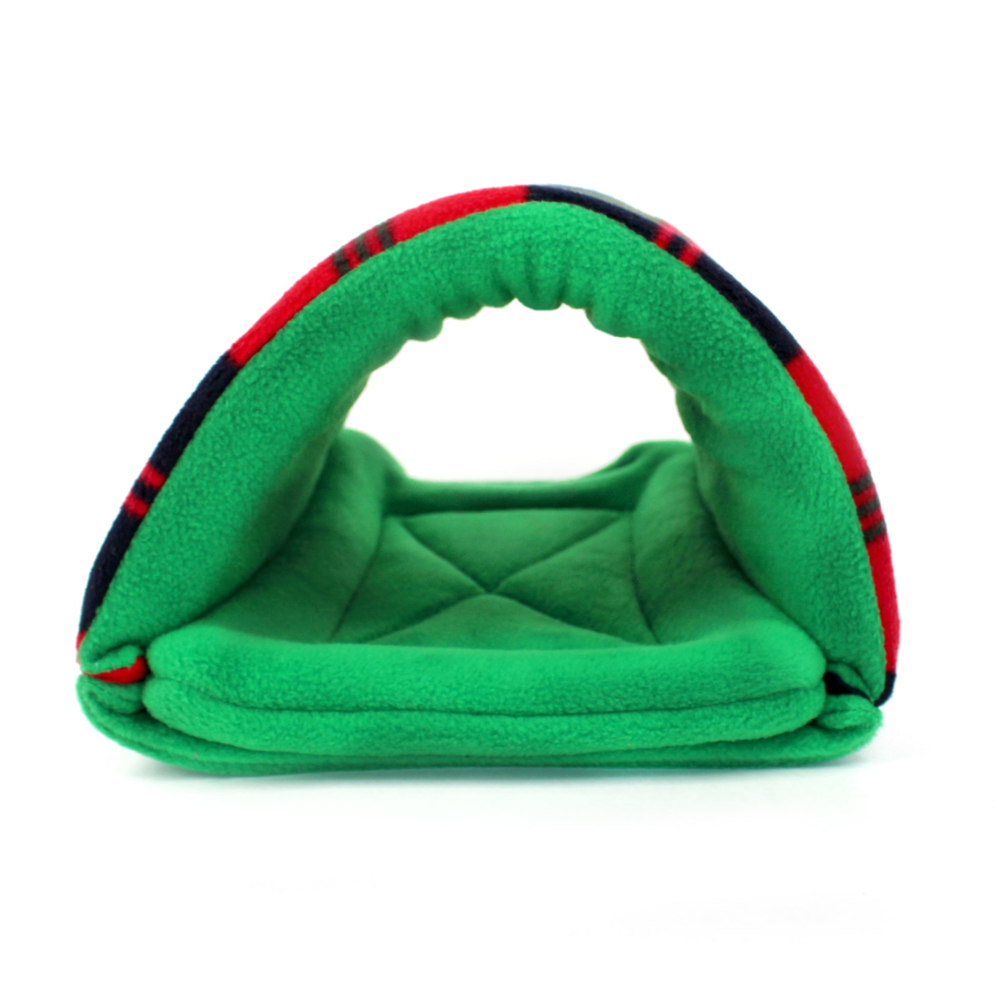 Green pet bed with red and black plaid border on a white background