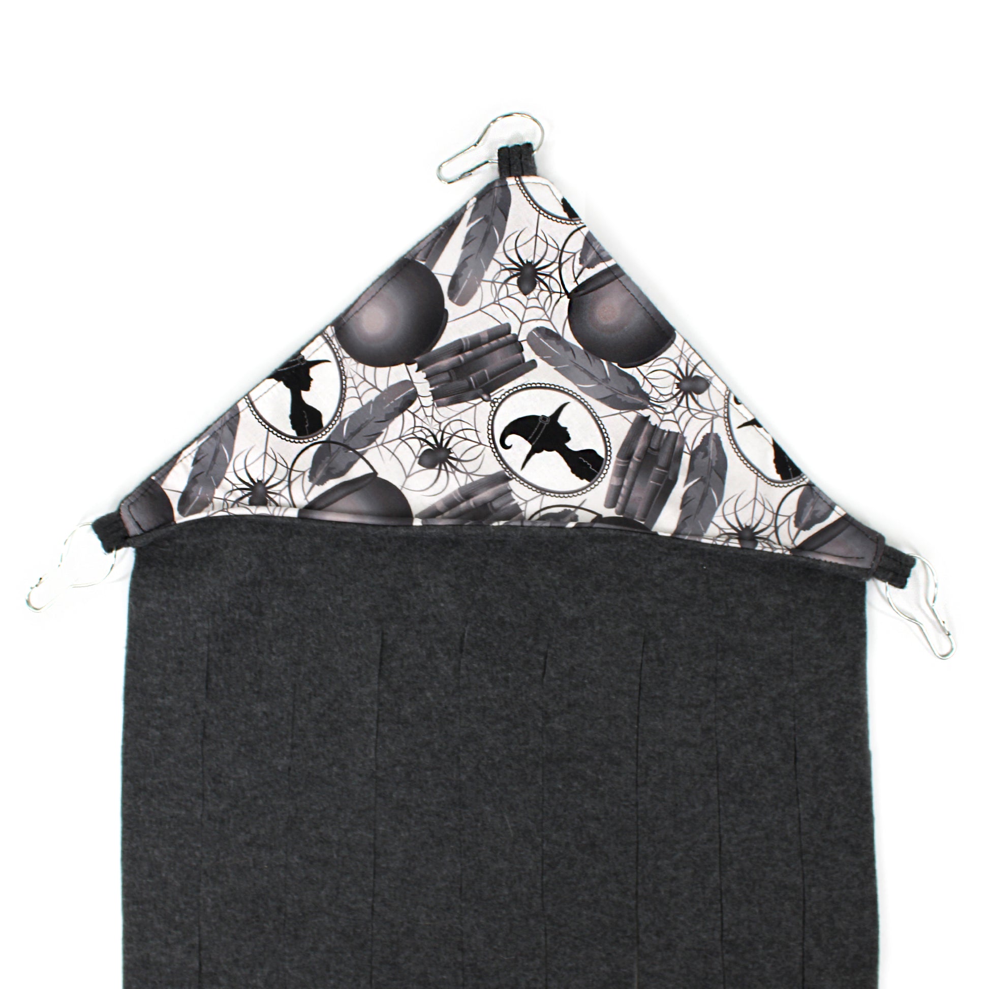 Black and white patterned headscarf with a plain black bottom half on a white background