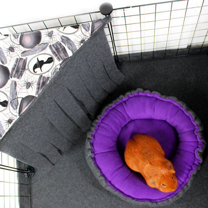 Pet cage with a purple cushion and an orange guinea pig inside