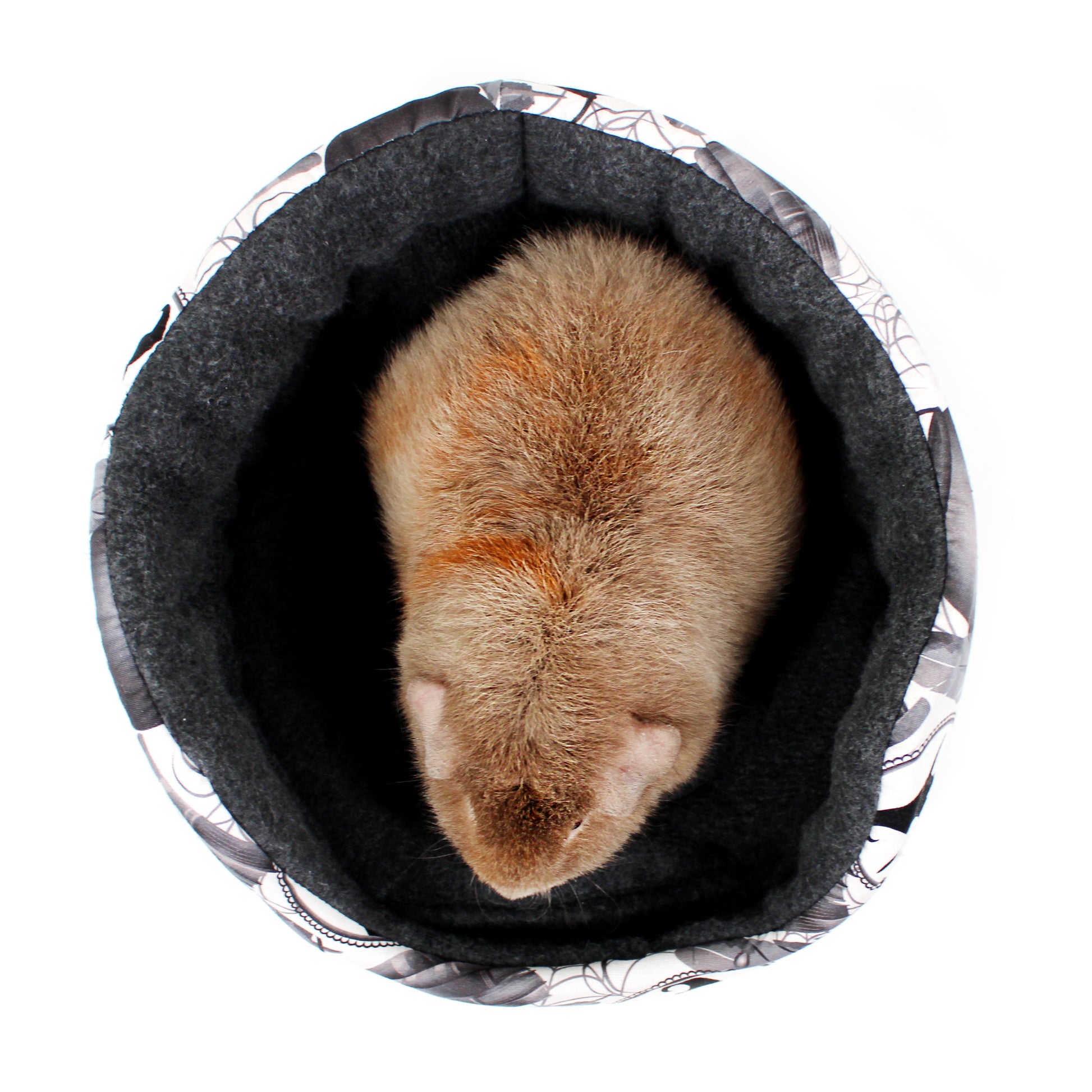 Small animal, possibly a hamster, curled up inside a dark gray pet bed on a white background