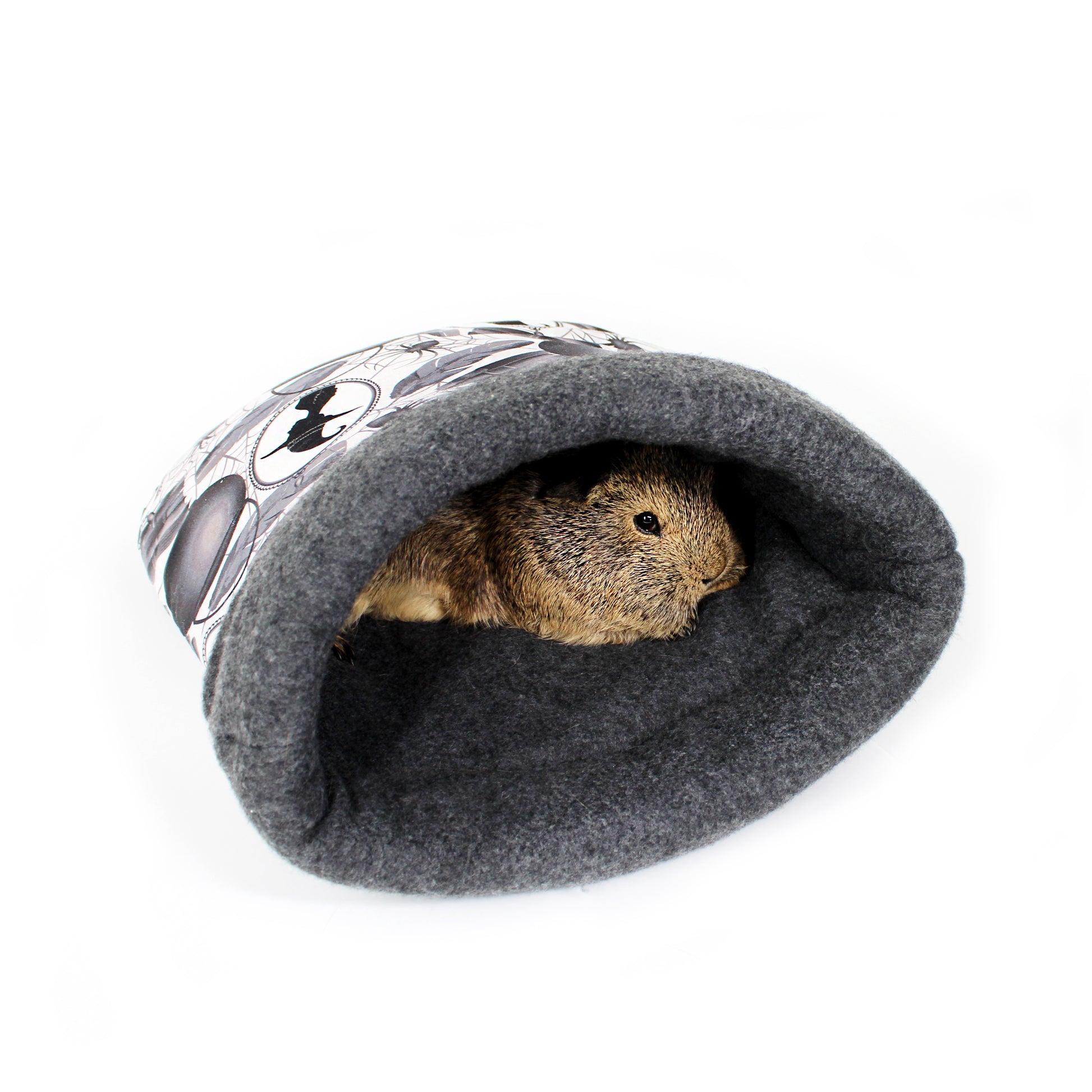 Small animal peeking out from a gray felted pet cave with a white background