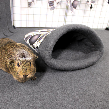 Guinea pig next to a gray pet cave in a pet enclosure