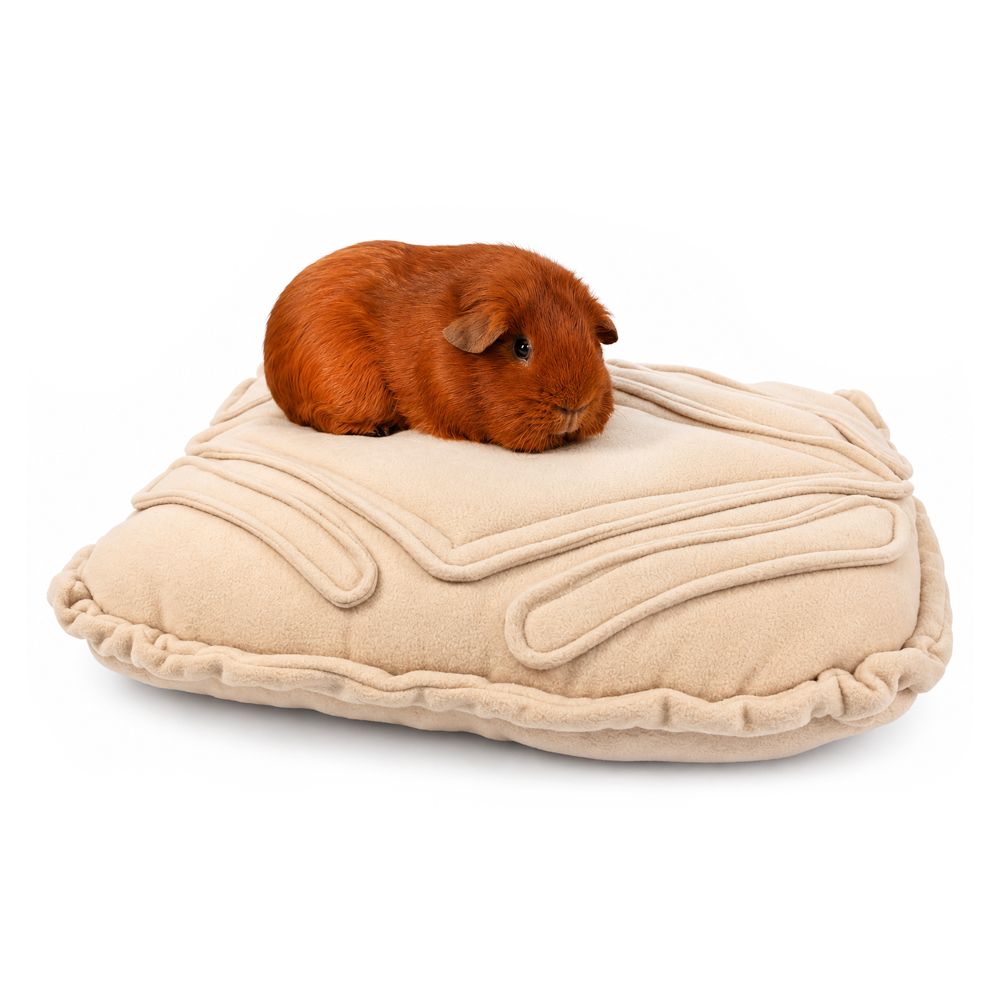 Custard Cream guinea pig cushion bed with biscuit-inspired design