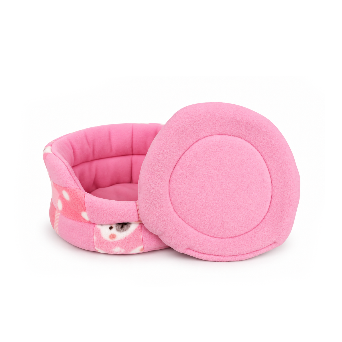 Cute pink patchwork guinea pig cuddle cup bed showing padded base