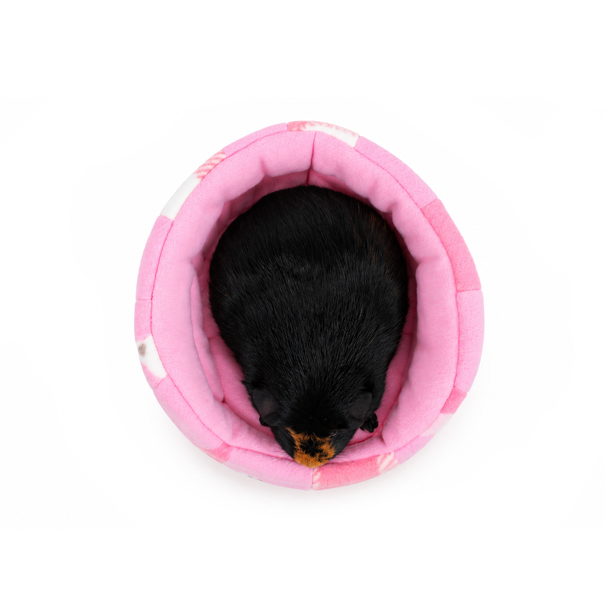 Cute pink patchwork guinea pig cuddle cup bed viewed from above