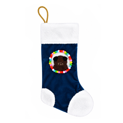 Handmade chocolate brown guinea pig Christmas stocking with darker brown ears, navy blue recycled velvet, soft white cuddle fleece trim, felt guinea pig decoration, colourful pom-poms and gold rope hanging loop.