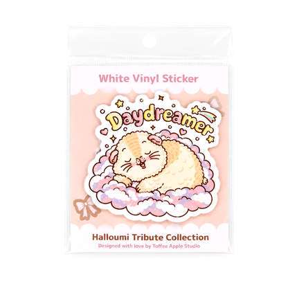 Halloumi the Daydreamer guinea pig sticker in clear packaging