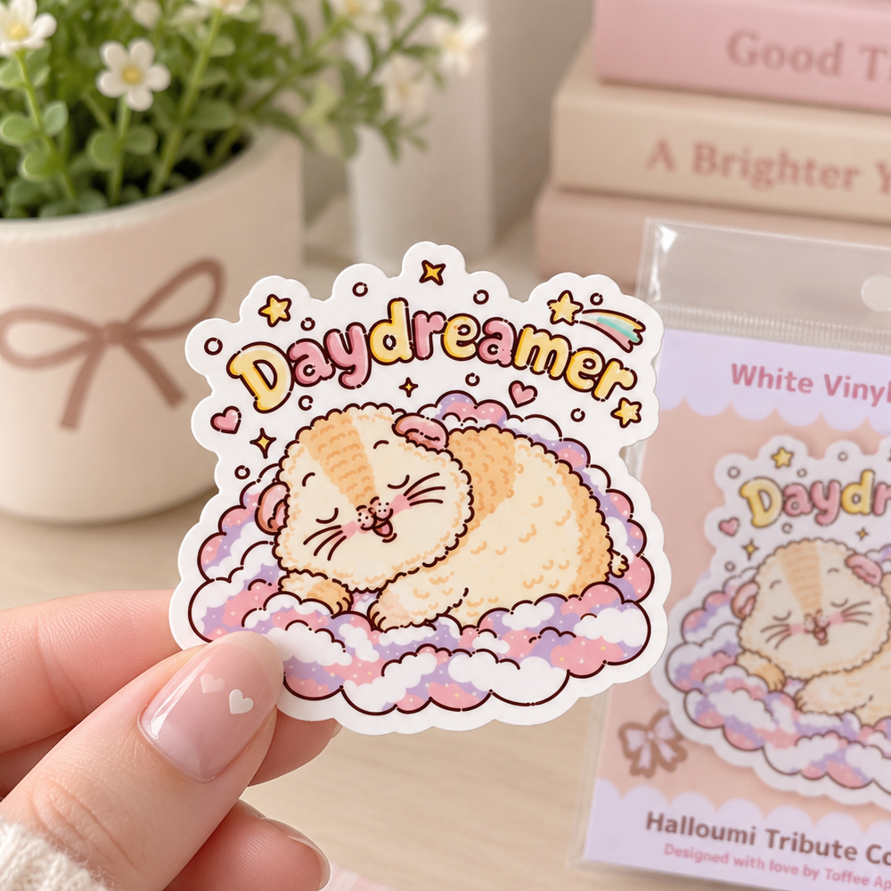 Halloumi the Daydreamer guinea pig sticker held in hand