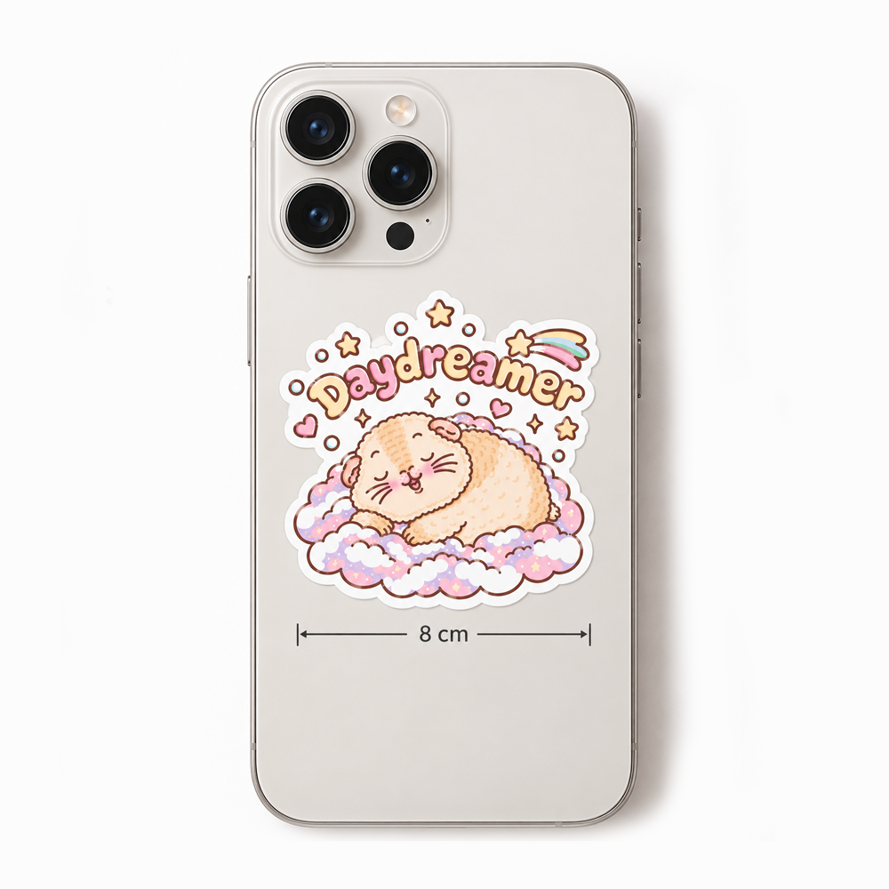 Halloumi the Daydreamer guinea pig sticker on a phone case