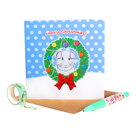 Guinea Pig In a Festive Wreath - Greetings Card & 5 Gift Tags