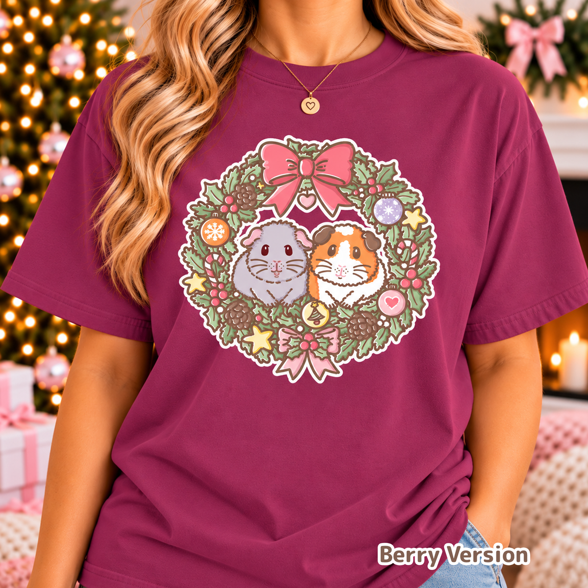 Model wearing the Berry-coloured Earl Grey and Teacake Christmas T-shirt.