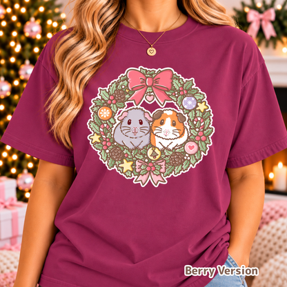 Model wearing the Berry-coloured Earl Grey and Teacake Christmas T-shirt.