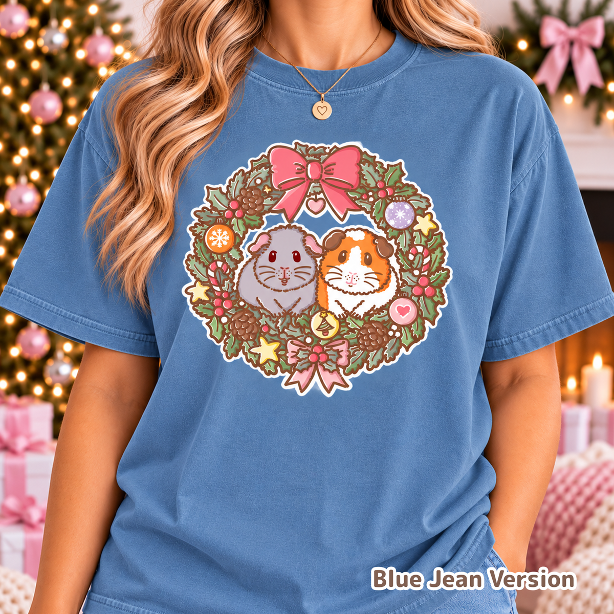 Model wearing the Blue Jean T-shirt featuring the festive guinea pig design.